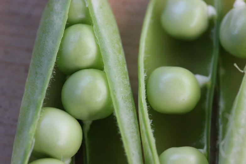 peas and pods are laying together on the ground