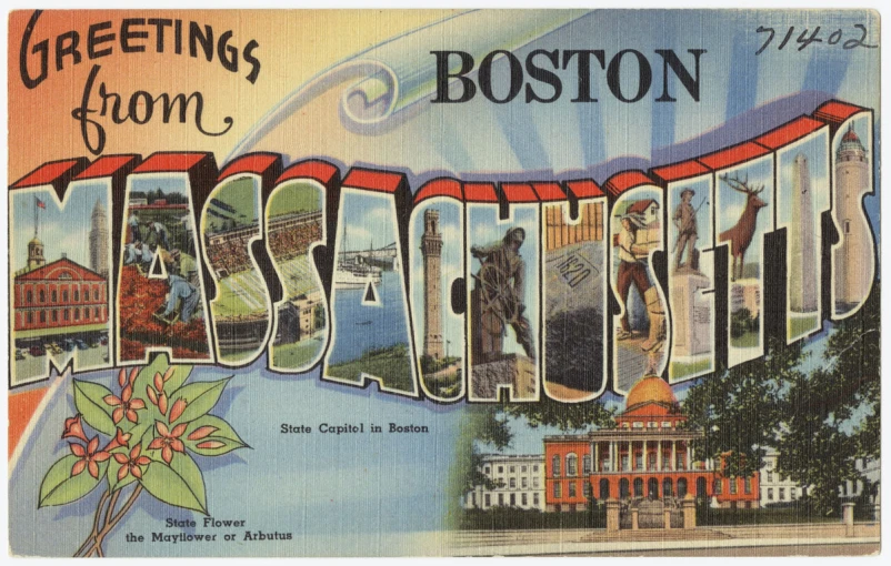 a postcard depicting boston with lots of travel images