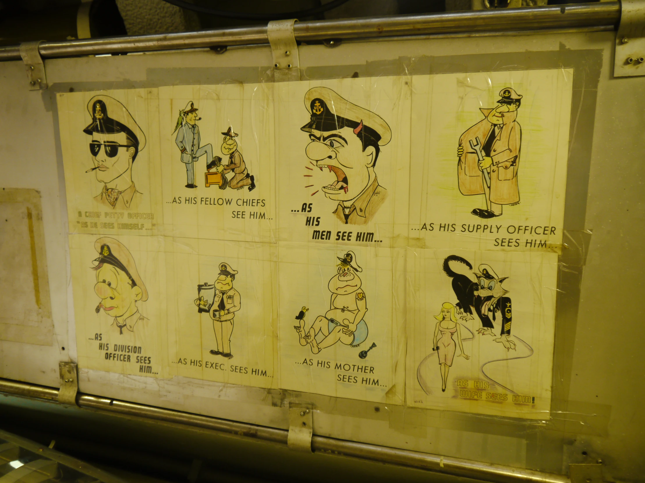 an old fashioned picture has drawings of the sailors in various states