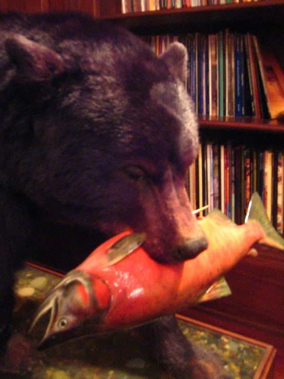 a stuffed bear sitting on a desk holding an animal