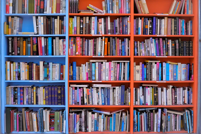 a orange and blue bookcase with lots of books on it