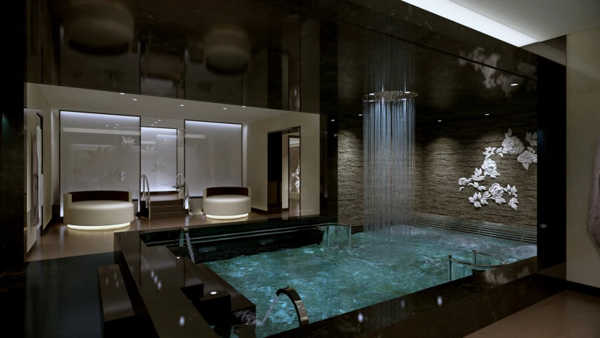 the modern bathroom features a large water feature