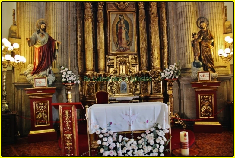 a po of an altar with a white table cloth