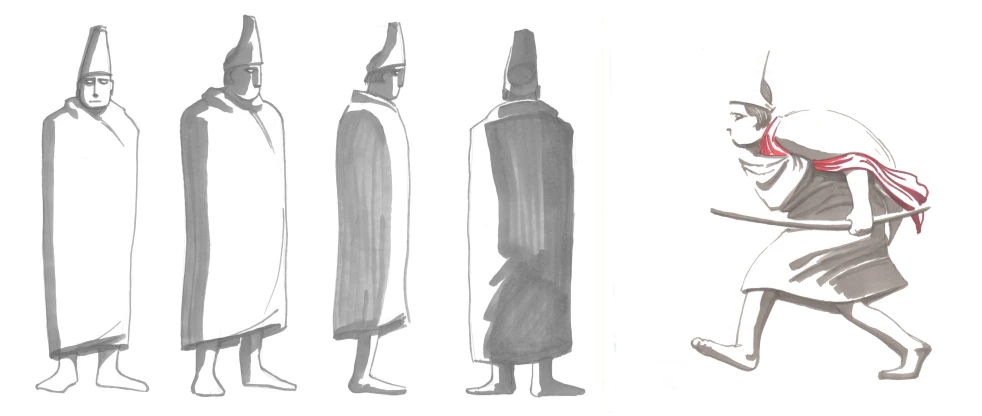 three sketches of a warrior, a man and three tall men in robes