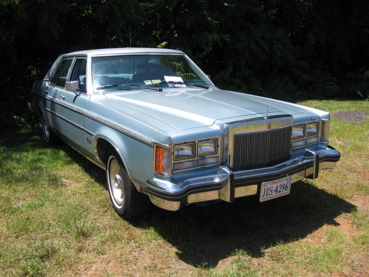 the blue station wagon has been parked in the grass