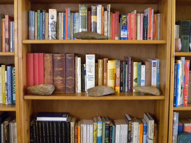 a wooden bookshelf filled with books and a large rock