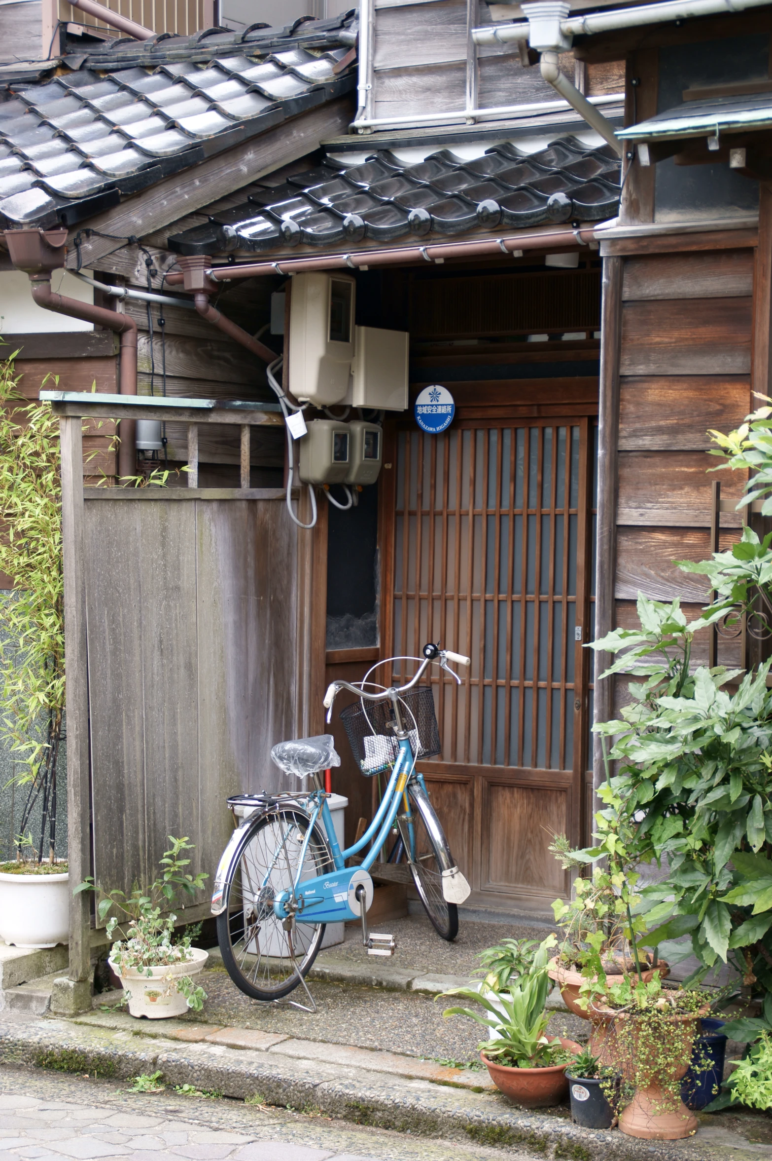 an old looking building with a bicycle parked outside