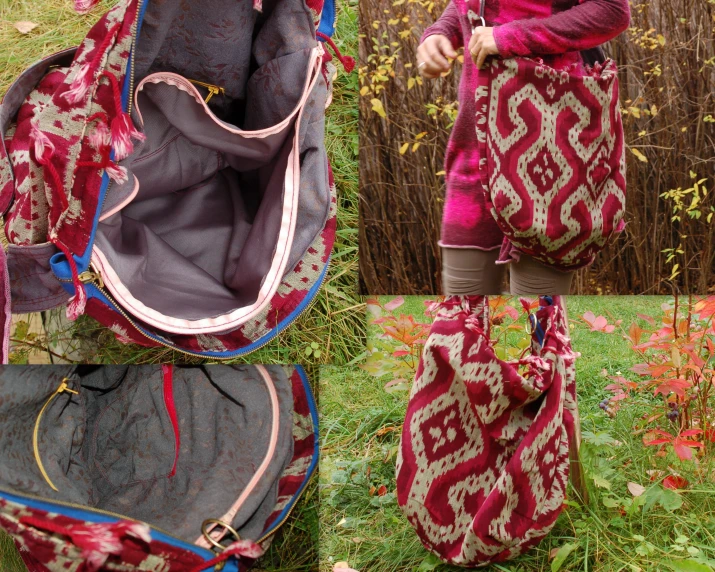 a woman standing outside holding a large handbag