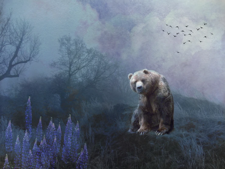 a large bear standing in front of a forest filled with blue flowers