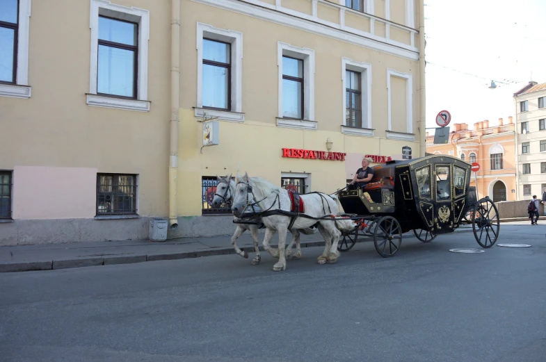 a horse drawn carriage is on a city street