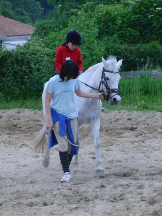a child leading a white horse with a rider