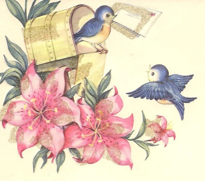 two birds fly near flowers and envelope