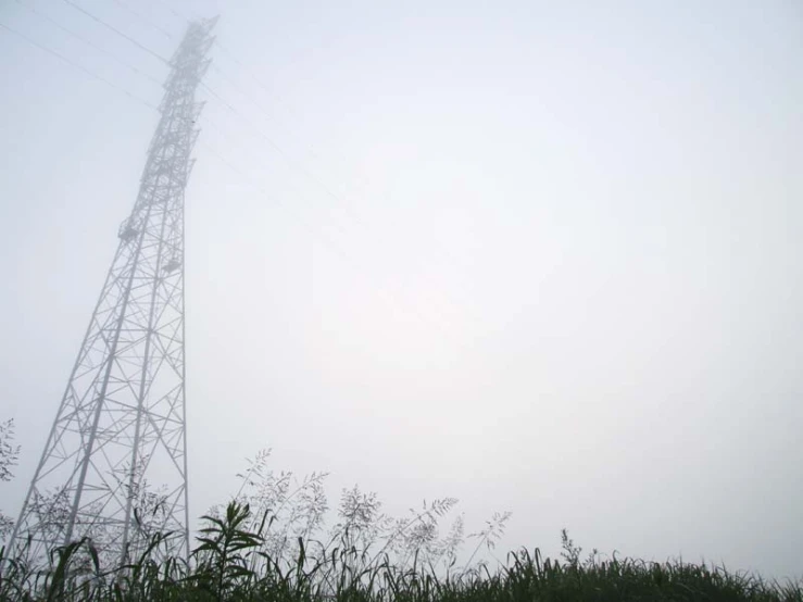 a high wire tower sits in a field on a foggy day