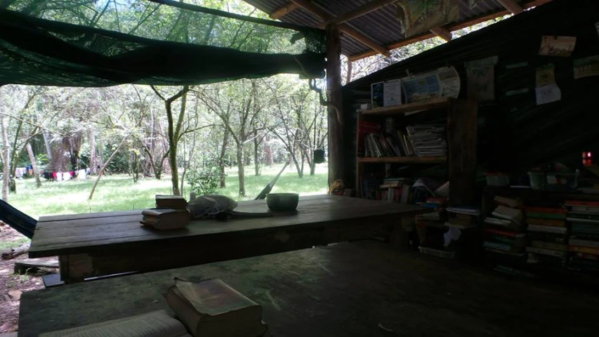 an outdoor room with bookcases and lots of books