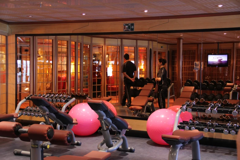 a gym with pink balls and exercise equipment