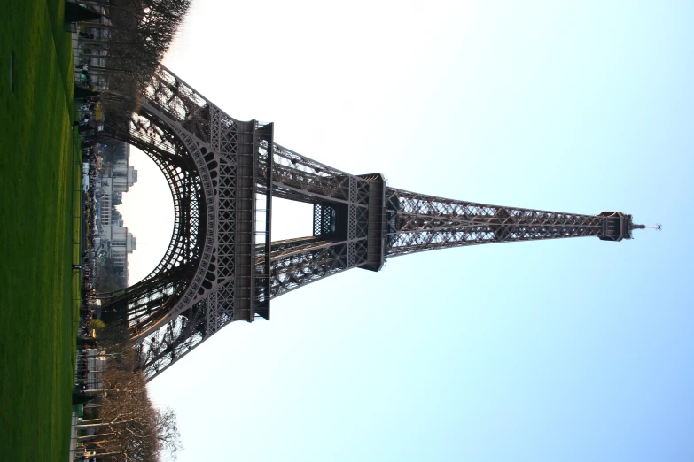 an elevated view looking up at the eiffel tower