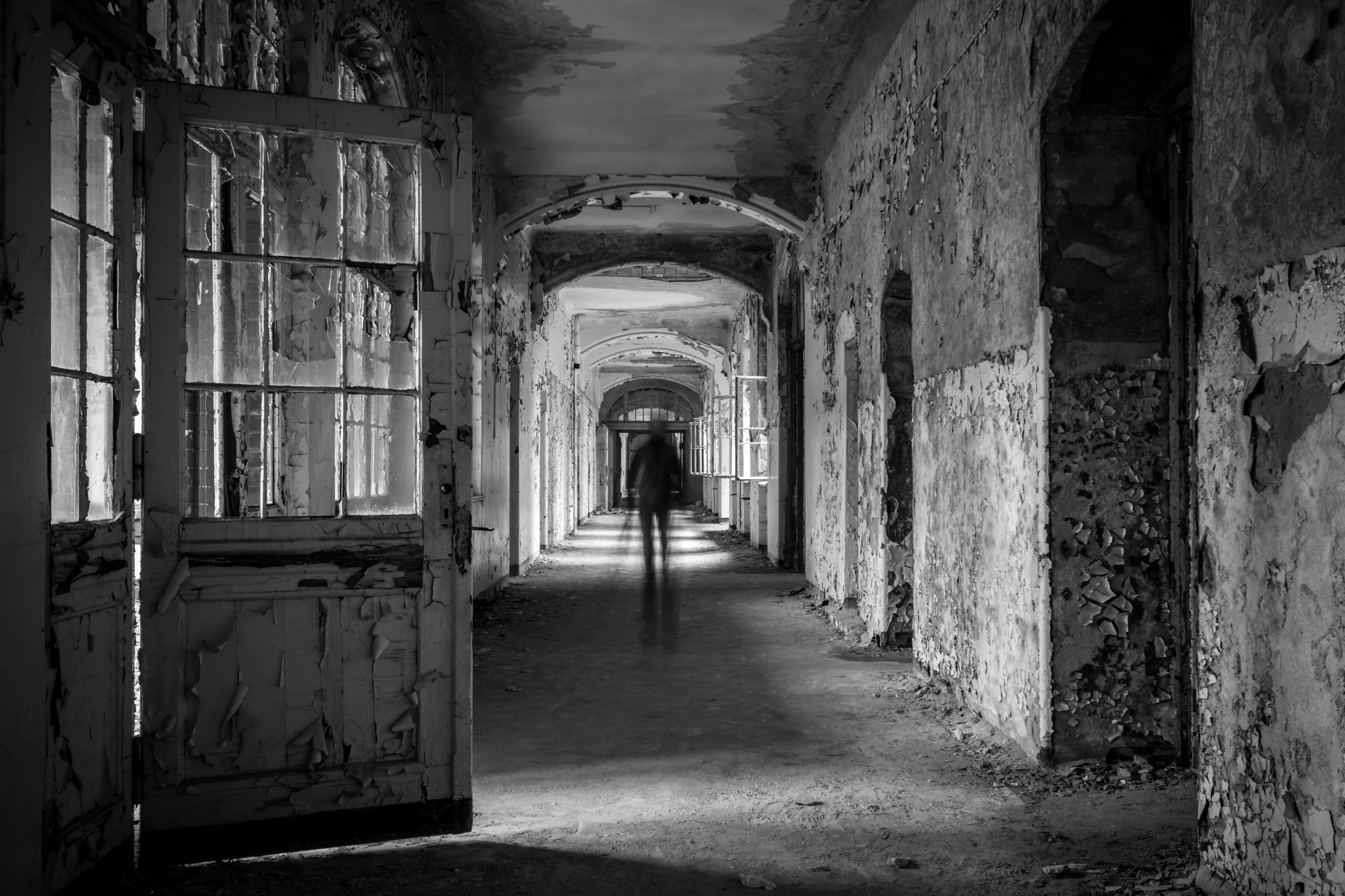 the dark hallway is full of dilapidated doors