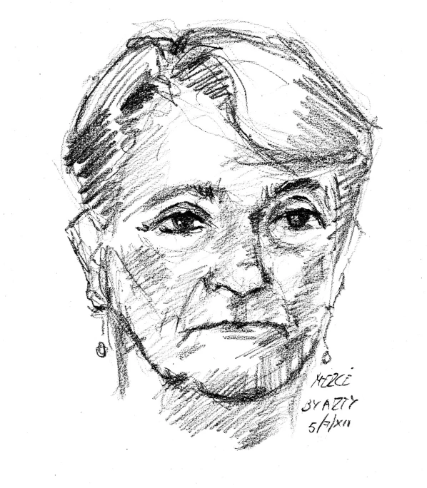 an older woman's drawing in black and white