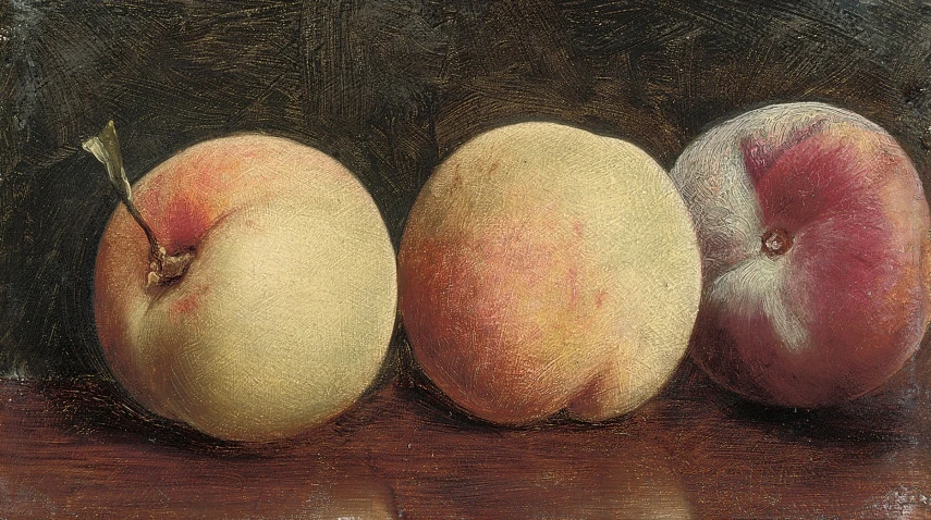 a painting with three different kinds of peaches in front of a black background