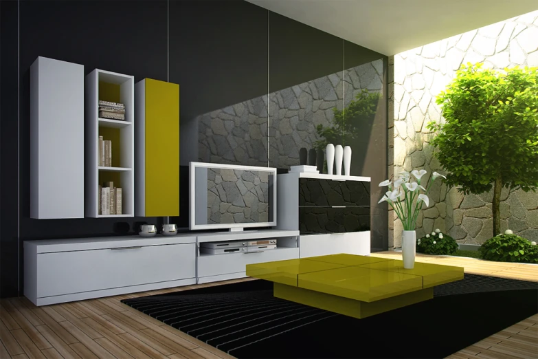 the room is decorated with a modern yellow coffee table and white and grey cabinets