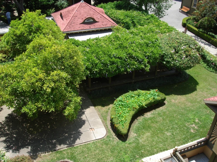 a small house with a roof and lush green trees