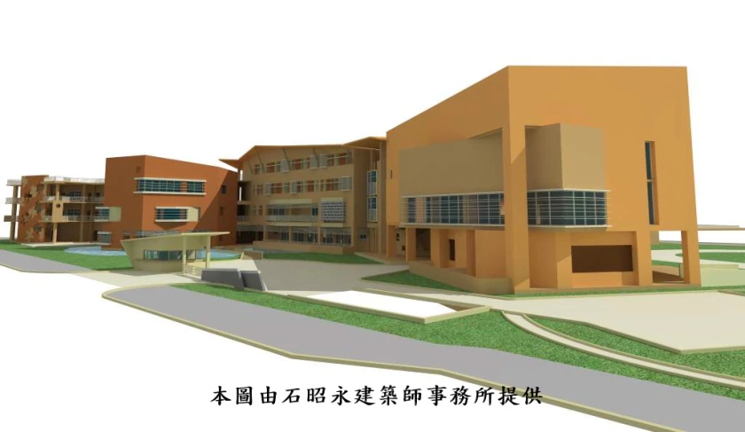 3d image of a building and trees with asian writing
