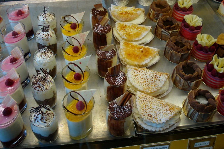 a large display of pastries and desserts