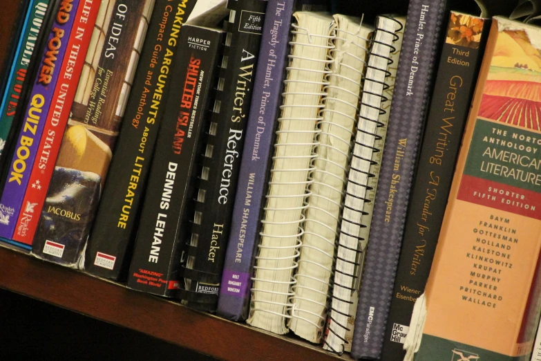 the books are lined up on the shelf