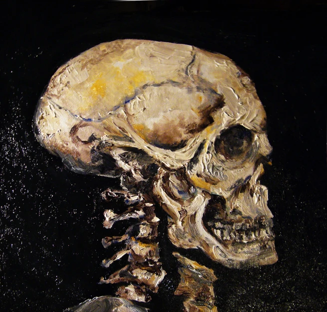 painting of human skeleton with multiple bones in black background