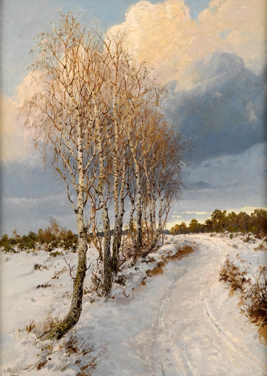 a painting of a snowy road between two trees