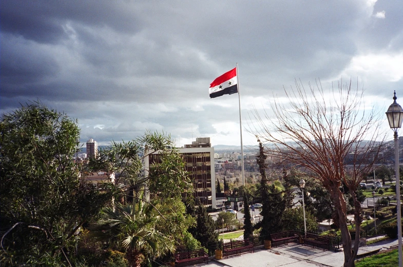 flag flying next to a park with lots of trees