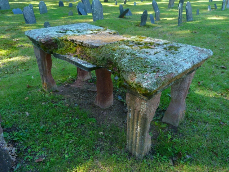 two stone benches in a grave yard