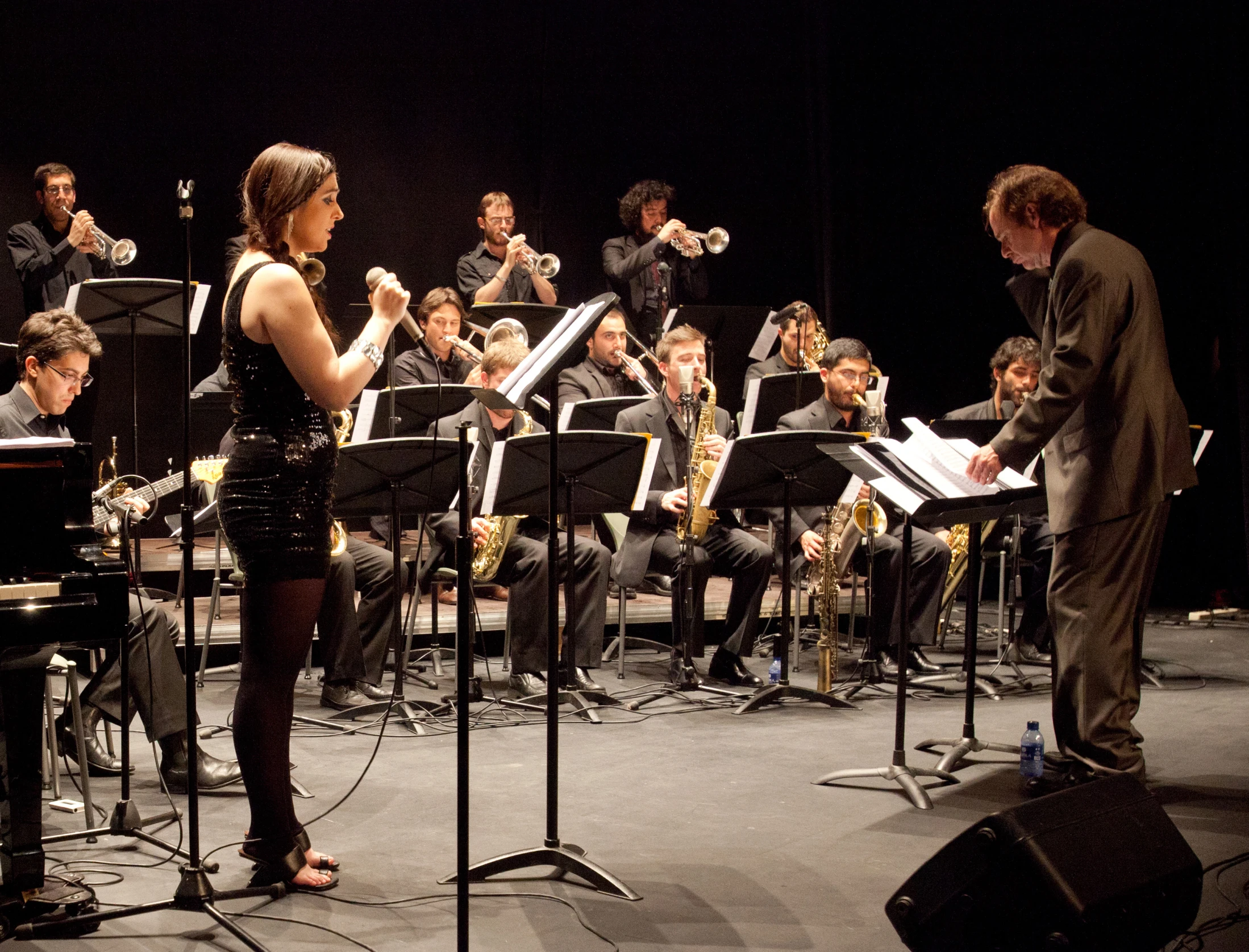 a woman with an orchestra and instruments in a music instrument ensemble