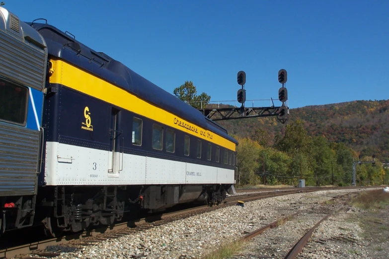 a train driving past a forest near a hill