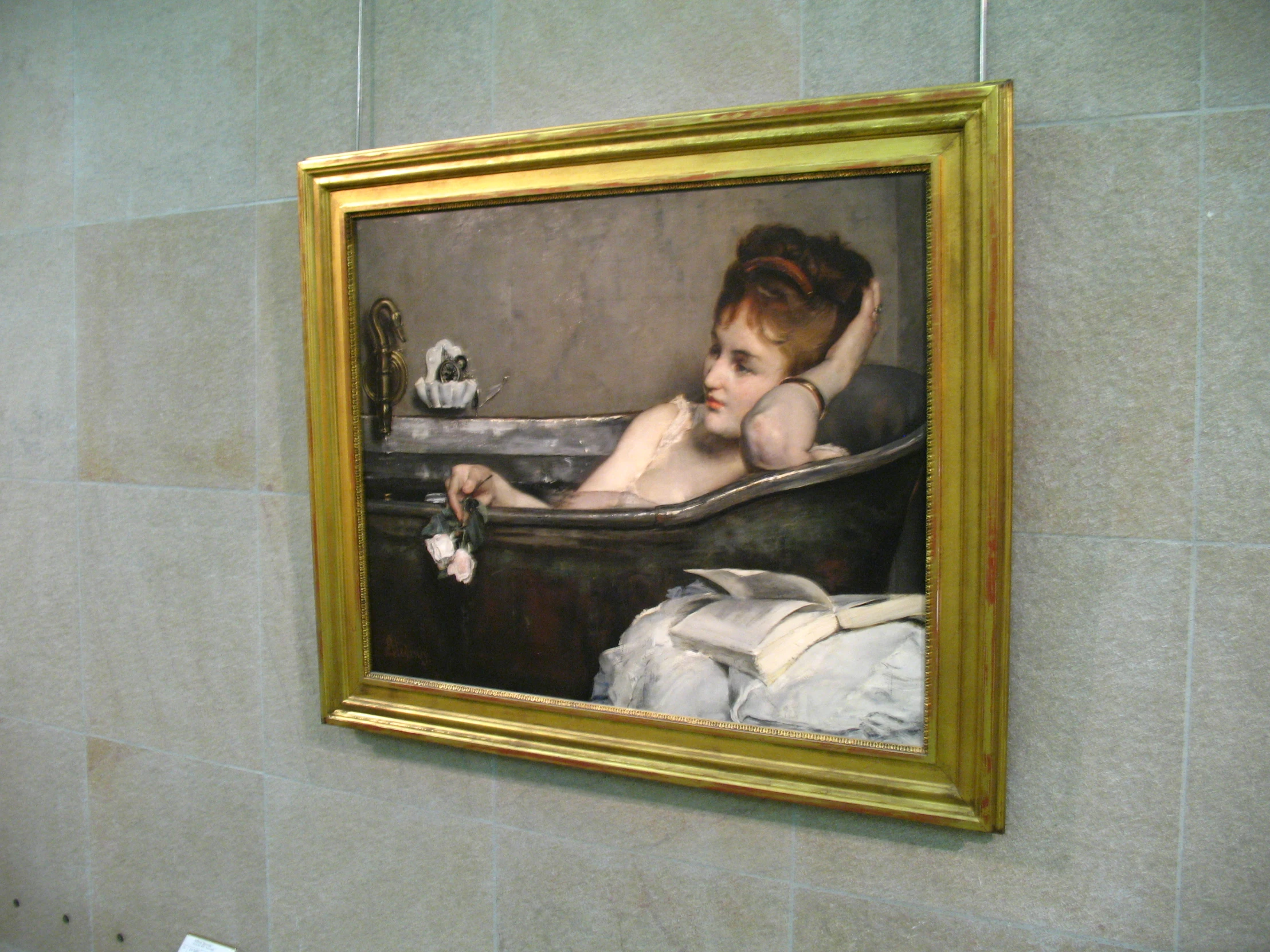 a painting of a woman sitting in a bathtub next to a stuffed animal