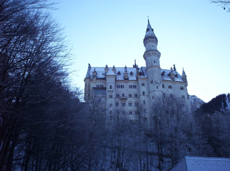 a large, castle style building that has some trees on the side of it