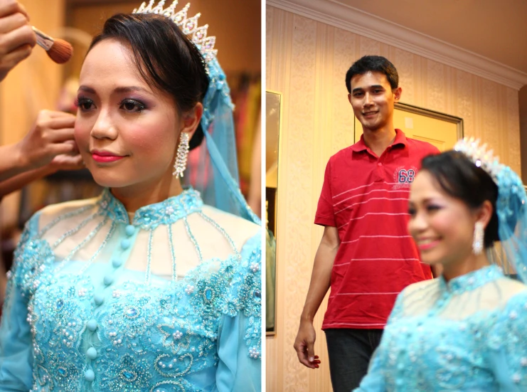 a couple getting ready for their wedding at the hilton