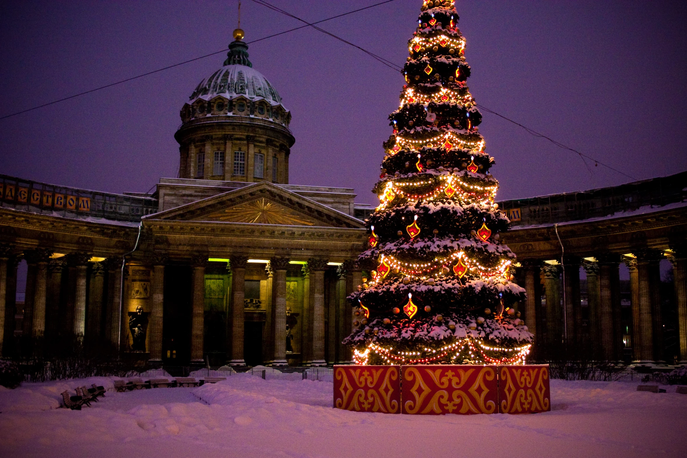 a lighted christmas tree stands in a courtyard near an ornate dome