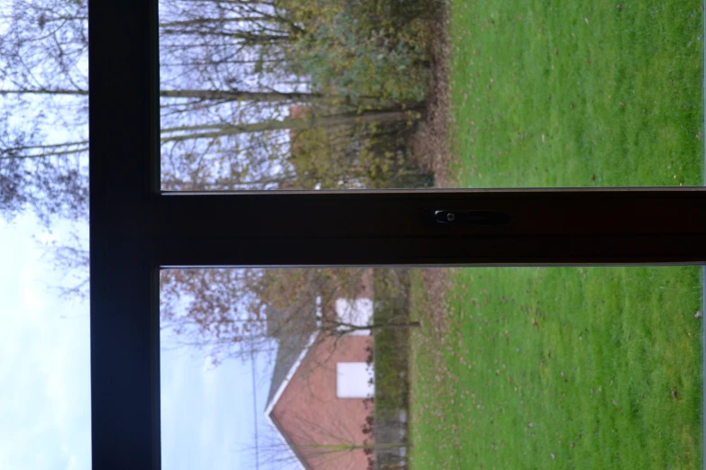 the outside window shows a grassy field outside