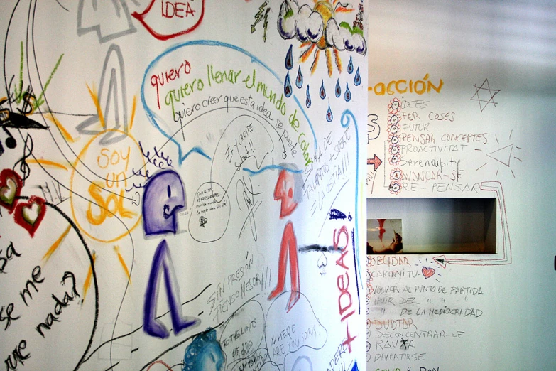 the interior wall is covered in lots of colorful writings