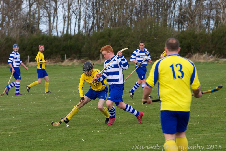 a group of men in blue and yellow uniforms playing soccer