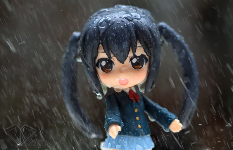 an adorable little anime doll holding an umbrella in the rain