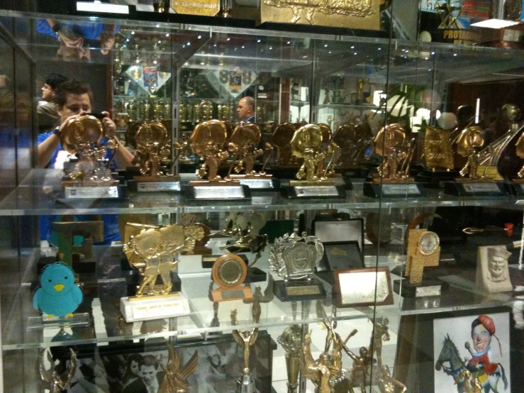 several glass shelves filled with various types of objects