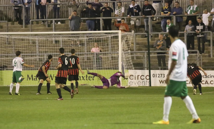 soccer players during match play, with stadium audience in background