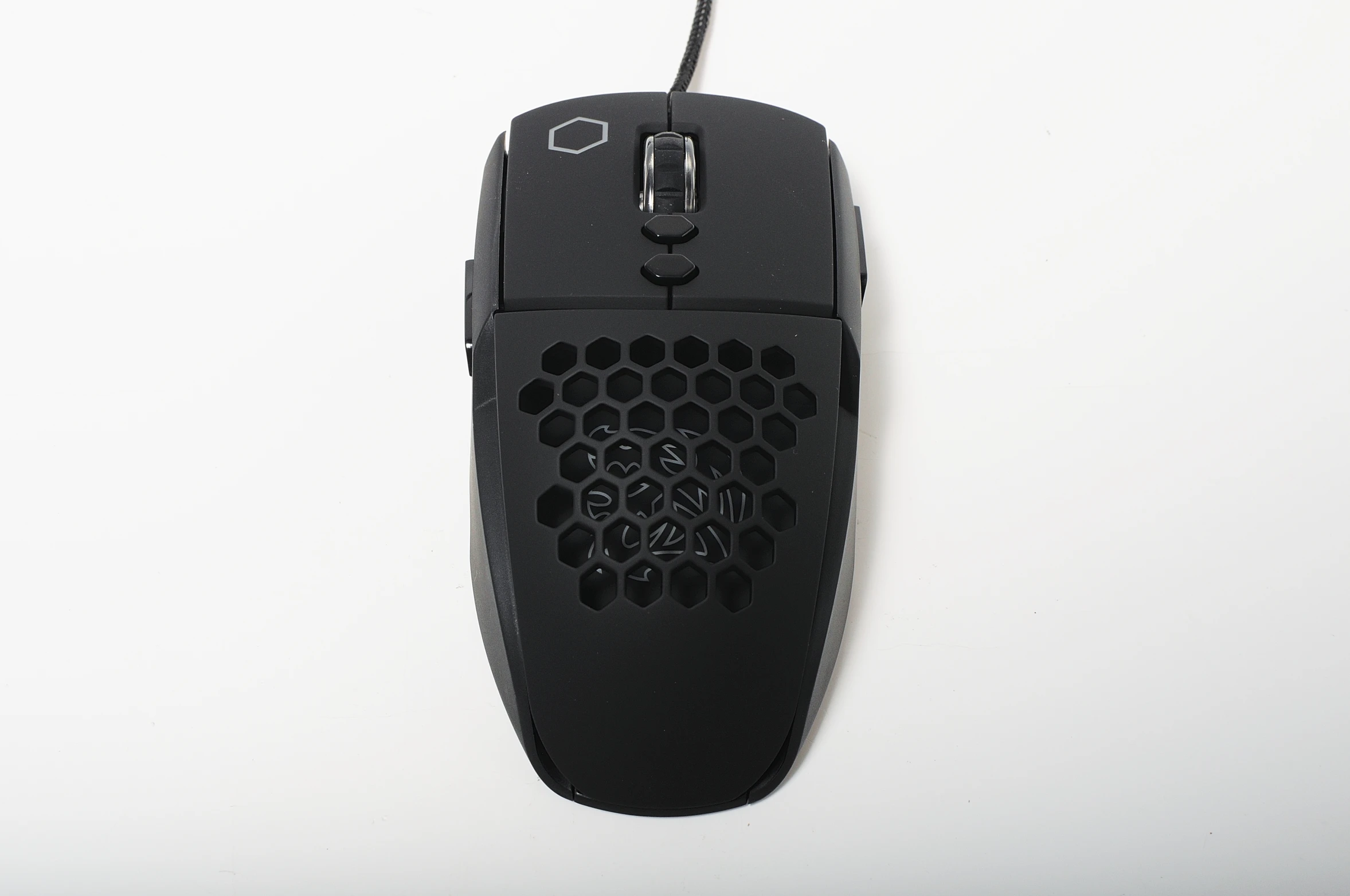 a black computer mouse with a white background