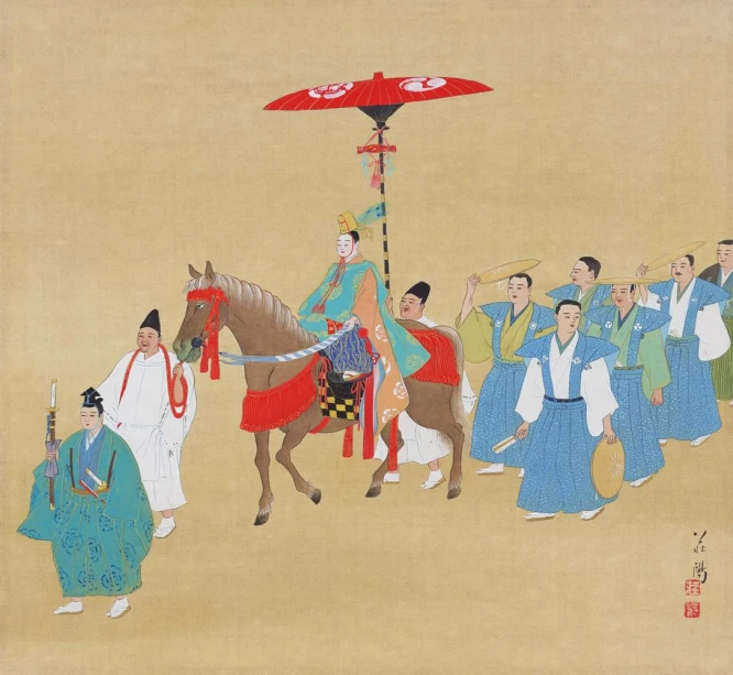 a group of people in costume riding horses