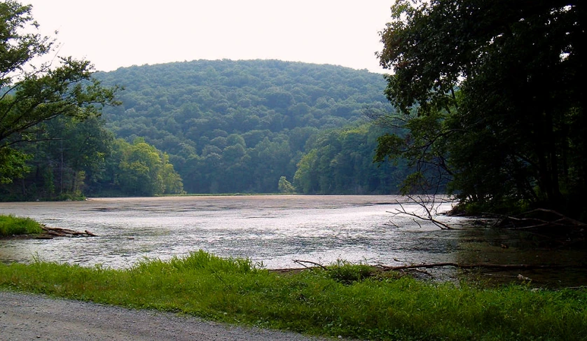 there is a body of water that runs alongside some green hills