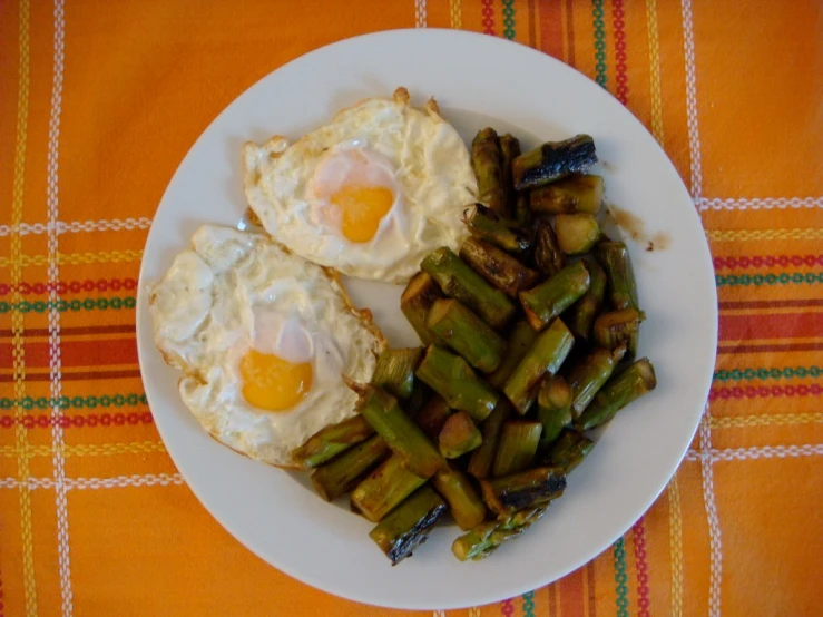 two fried eggs sitting on top of an overloaded of cooked vegetables