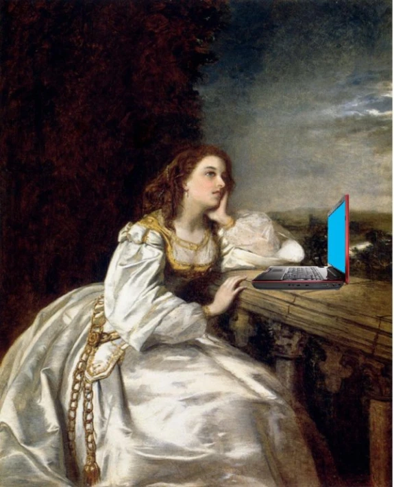 a lady with a dog and a laptop