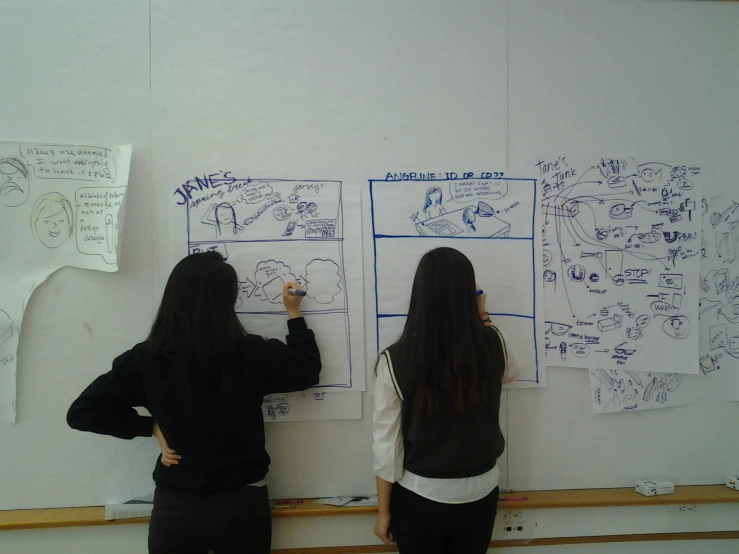 two girls are working on a board with sticky notes